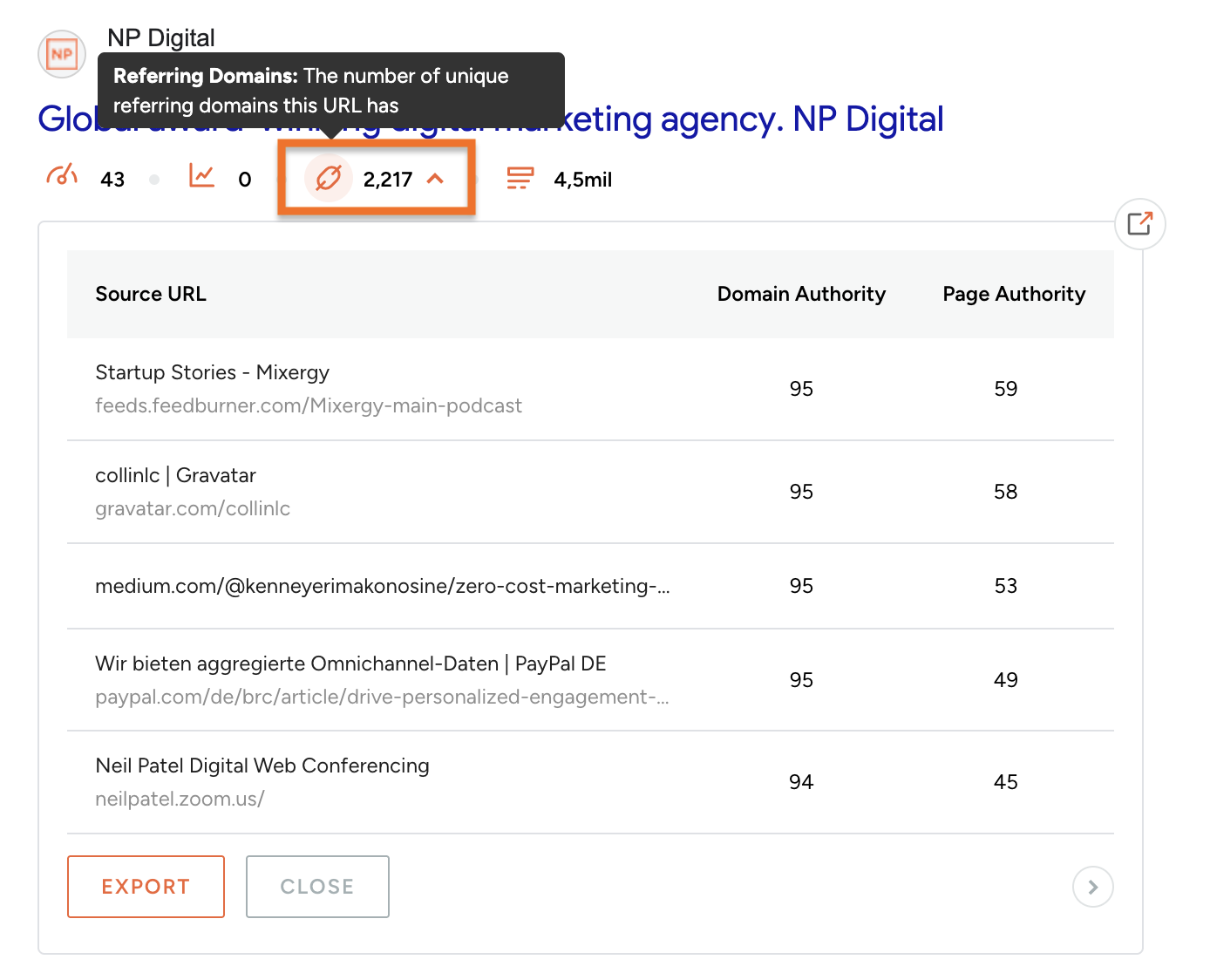 Ubersuggest Chrome Extension highlighting referring domain metric in Google Search results for a specific URL.png