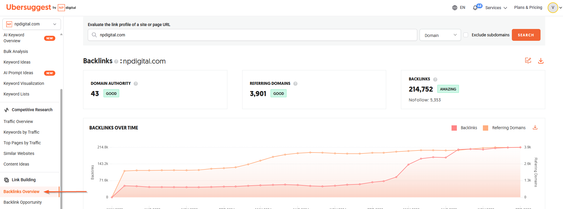 Screenshot from the Backlinks report, with an arrow pointing to the Backlinks Overview feature.png