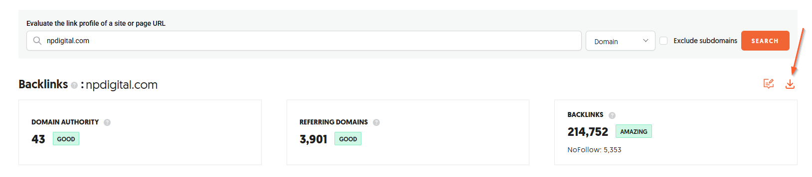 Screenshot from the Backlinks, with an arrow pointing to the Export button.png